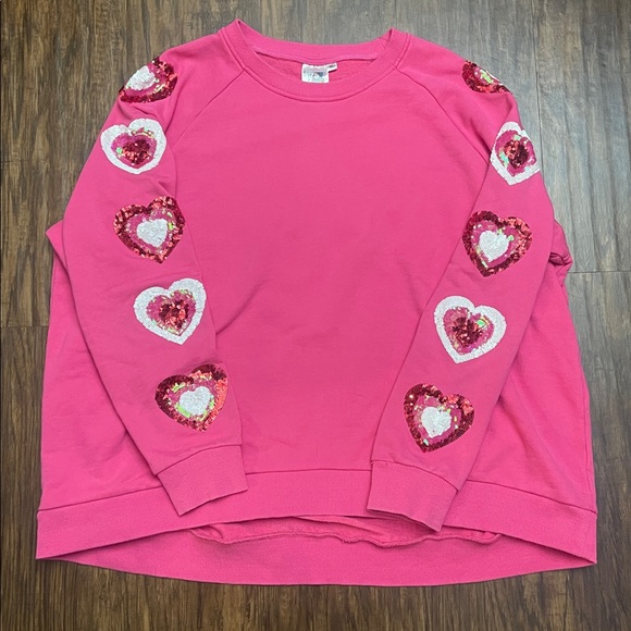 Queen of Sparkles Heart on Your Sleeve sequin hot pink Valentine’s Sweatshirt XL - Picture 3 of 15